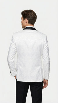 Men’s White Dinner Jacket Disco Blazer 1980s Sequin Style Jacket – Black Lapel Party Blazer, Formal Masquerade Club Wear Paisley Fabric + Bowtie