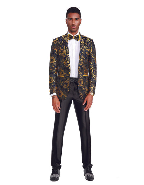 Mens Slim Fit Shawl Prom Blazer in Gold Flower Print