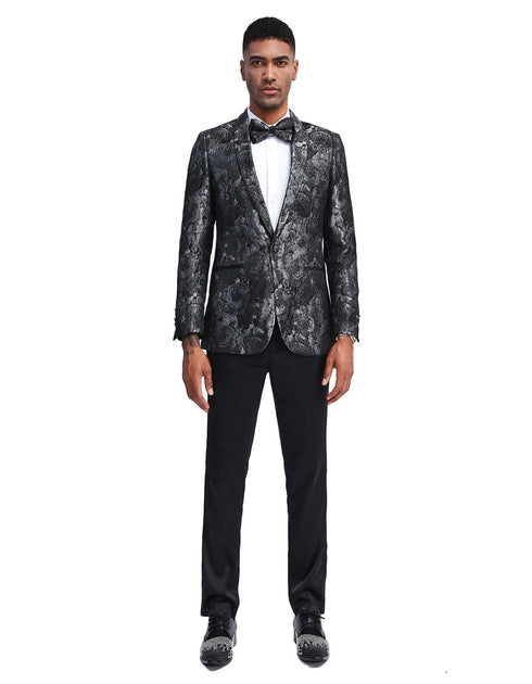 Mens Slim Fit Mettalic Floral Print Prom Blazer in Silver