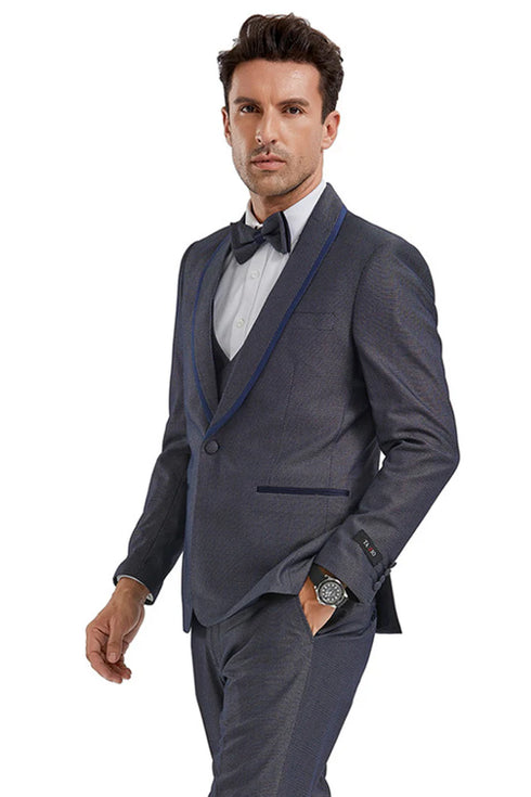 Mens Gray Tuxedo - Grey Wedding Suit-Mens One Button Vested Shawl Lapel Tuxedo In Grey Birdseye With Blue Trim
