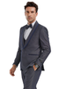 Mens Gray Tuxedo - Grey Wedding Suit-Mens One Button Vested Shawl Lapel Tuxedo In Grey Birdseye With Blue Trim