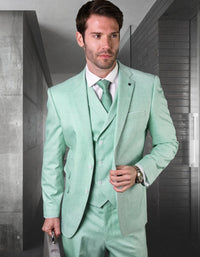 Mens Ticket Pocket Peak Lapel Double breasted Vest 100% Wool Tom Ford Style Modern Fit in Color "Mint" By Statement
