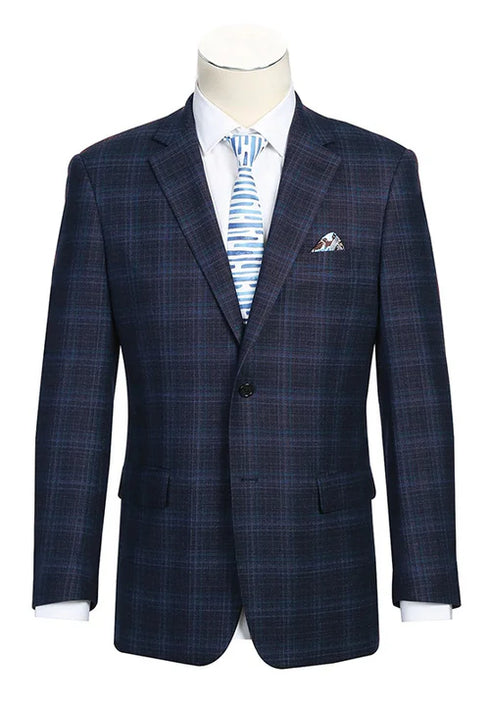 Wool Blend Regular Fit Stretch Checked Blazer in Navy
