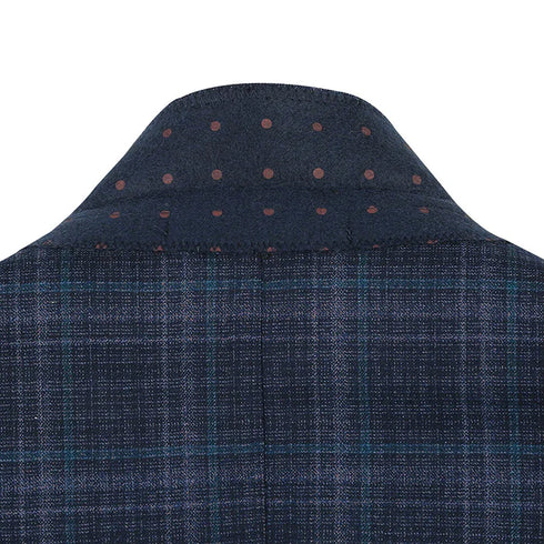 Wool Blend Regular Fit Stretch Checked Blazer in Navy