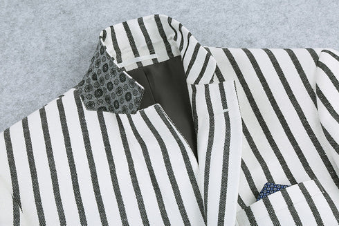 Black Striped Linen Blend Slim Fit 2 Button Blazer