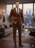 Mens Brown Velvet 2-Piece Suit – Luxury Slim Fit Formal Blazer and Pants Set in Rust Copper Color