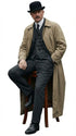 Men’s Beige Cotton Trench Coat Suit Package – Classic Long Overcoat for Formal + Suit + Hat