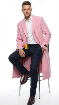 Men’s Pink Wool Blend Long Overcoat – Slim Fit Tailored Winter Coat - Carcoat - Topcoat