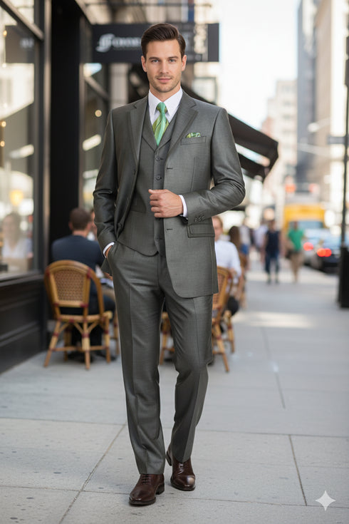 Men’s Olive Green 3-Piece Suit – Classic Fit with Vest and Tie Pleated Pants Three Buttons