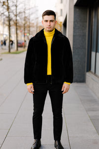 Men’s Black Faux Fur Jacket – Luxury Winter Zip-Up Coat with Soft Plush Finish