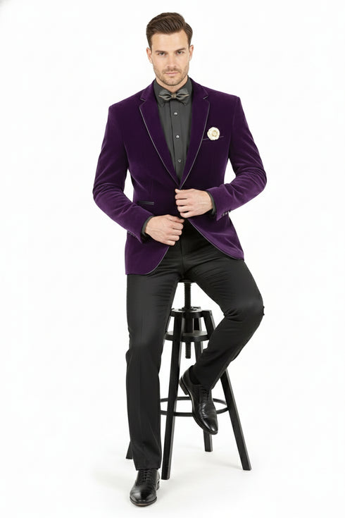 Men’s Purple Velvet Blazer – Luxury Slim Fit Formal Jacket with Black Satin Trim Tuxedo Dinner Jacket