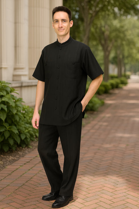 Men’s Black Banded Collar Walking Suit – Short Sleeve Shirt and Matching Pants Banded Collar Linen Fabric