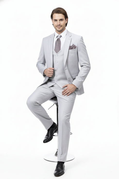 Men’s Very Light Gray Three-Piece Wedding Suit 2 Buttons Modern or Slim Fit Ash Bone Color Steel Grey