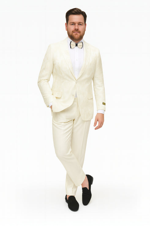 Men’s Ivory Floral Embroidered Tuxedo Jacket – Elegant Wedding and Party Blazer in Cream Color With Ivory Pants