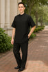 Men’s Black Banded Collar Walking Suit – Short Sleeve Shirt and Matching Pants Banded Collar Linen Fabric