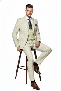 Men’s Light Beige Check 3-Piece Suit Set – Premium Tailored Fit Formal Wedding and Spring Event Suit Light Tan Sand Color By Rossiman