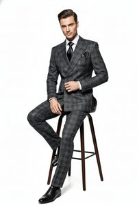 Men’s Charcoal Plaid Double-Breasted Suit – Tailored Pants Windowpane Pattern By Rossiman