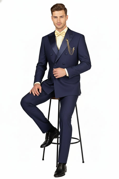 Men’s Navy Blue Double-Breasted Tuxedo with navy Satin Peak Lapel Wedding Suit