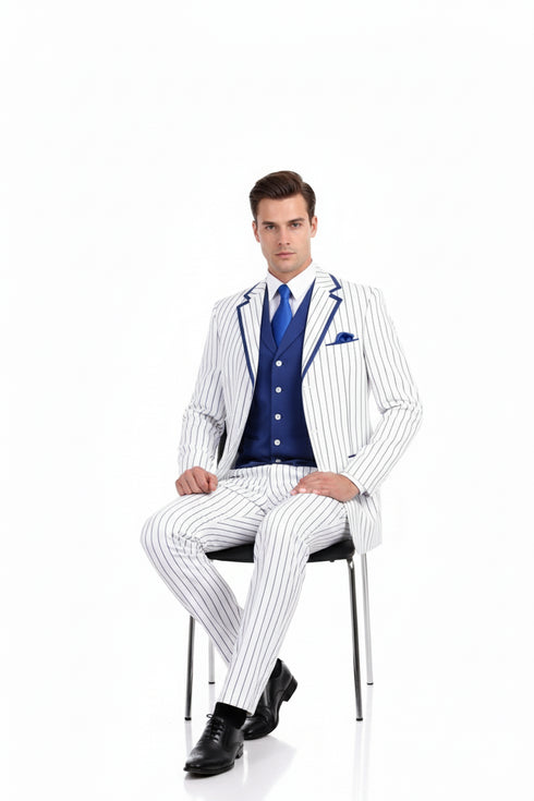Men’s White and Royal Blue Pinstripe 3-Piece Suit – Classic Fit Blazer with Vest, Pants, and Tie