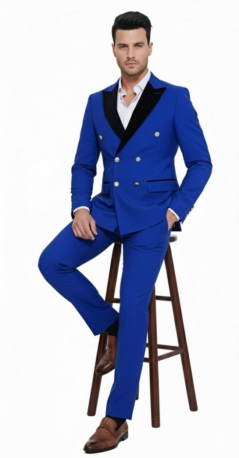 Mens Royal Blue Double-Breasted Tuxedo Suit – Modern Slim Fit Formal Wedding and Prom Outfit with Black Satin Lapel