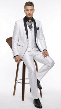 Men’s White Shiny Flashy Fabric Tuxedo Suit with Black Shawl Lapel | Luxury Formal Wedding and Evening Suit Sharkskin Metallic Fabric