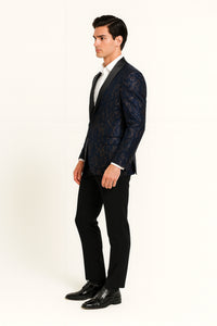 Men’s Navy Blue Sequin Tuxedo Jacket with Black Satin Shawl Lapel – Luxury Prom and Wedding Blazer