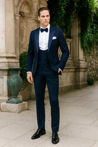 Men’s Navy Blue Tuxedo with Satin Peak Lapel with navy sateen – 3 Piece Formal Suit with Vest and Bow Tie