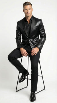 Men’s Shiny Black Tuxedo Blazer – Glossy Formal Jacket for Party Dinner Jacket Shawl Collar