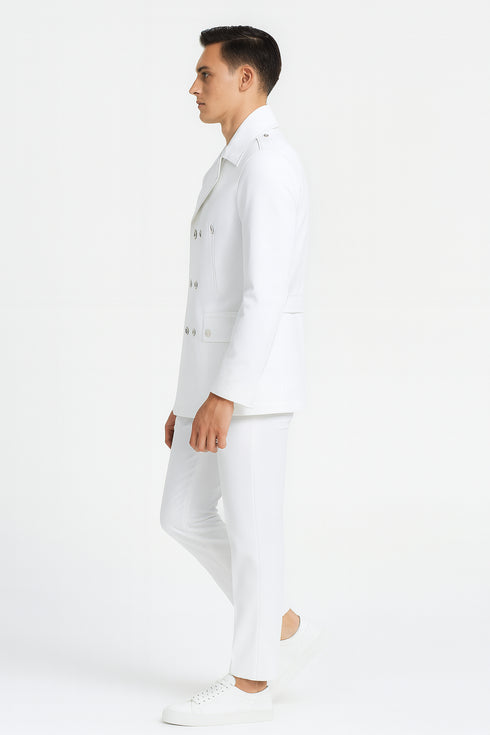 Men’s White Double-Breasted Peacoat Jacket – Classic Stylish Outerwear Wool Fabric Slim Fitted