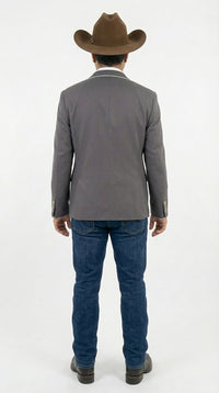Mens Grey and White Trim Western Blazer – Classic Fit Cowboy Style Contrast Trim Dress Jacket