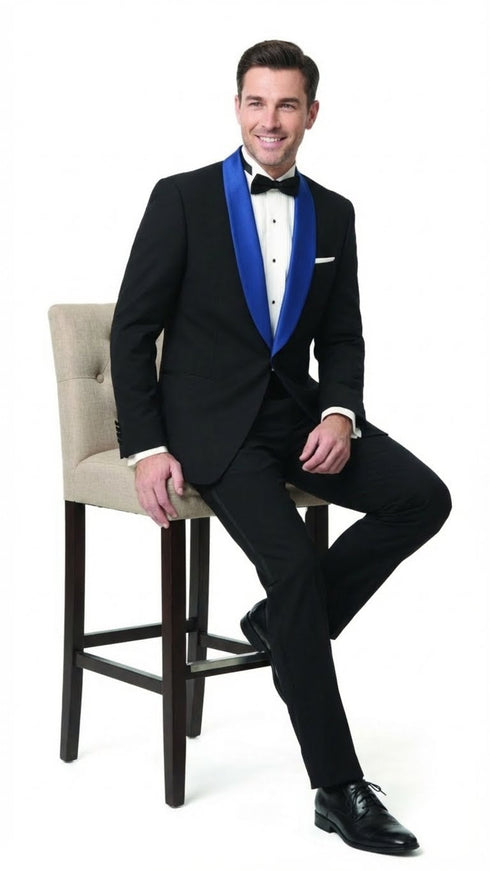 Men’s Black Tuxedo with Royal Blue Shawl Lapel | Modern Formal Dinner Jacket Suit + Pants for Weddings, Proms