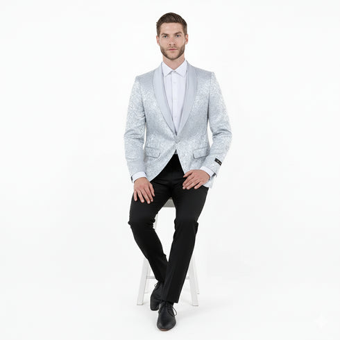 Big and Tall Men’s Silver Gray Paisley Tuxedo Jacket – Satin Shawl Lapel Blazer for Weddings, Proms, and Formal Event