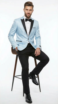 Men’s Baby Blue Tuxedo Blazer with Black Lapel – Formal Dinner Jacket for Wedding, Prom and Evening Events in Sky Light Blue Color