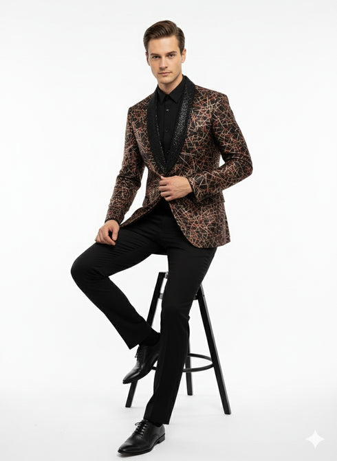 Men’s Black Shiny Designer Blazer with Red and Gold Pattern – Luxury Party & Wedding Jacket