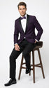 Men’s Eggplant Plum Purple Tuxedo Blazer with Satin Lapel, White Tuxedo Shirt and Matching Purple Bow Tie - Slim Fitted - Prom wedding Suit With Pants