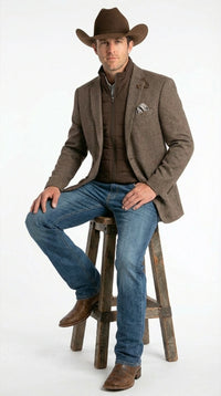 Men’s Brown Herringbone Tweed Cowboy Western Blazer – Classic Country Sport Coat Jacket for Ranch Wear, Cowboy Jacket