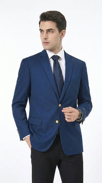 Men’s Sapphire Indigo Cobalt Blue Blazer with Gold Buttons – Classic Single Breasted Formal Business Jacket for Office, Wedding