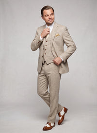 Men’s Light Tan Tweed Great Gatsby 3 Piece Suit – Vintage Vested Wedding Suit, 1920s Classic Formal Outfit Herringbone