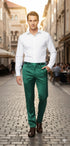 Mens Emerald Green Satin Slim Fit Dress Pants – Shiny Formal Party and Wedding Trousers