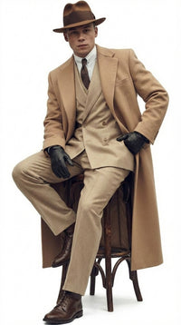 Men’s Cashmere & Wool Camel Beige Long Overcoat – Peaky Blinders Style Vintage Formal Coat + Suit + Hat Package
