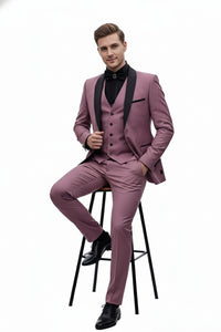 Men's Rose Pink Tuxedo Suit – Luxury Three-Piece Formal Wear with Black Satin Lapel Dusty Mauve Color