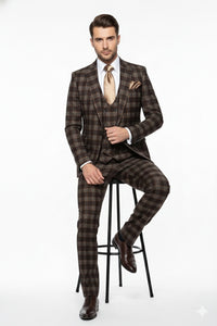 Men’s Brown Plaid Windowpane Three-Piece Suit Set – Classic Slim Fit Jacket, Double-Breasted Vest and Modern Fit Pants By Rossiman
