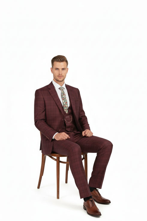 Men’s Burgundy Checkered 3-Piece Suit – Windowpane Classic Fit Plaid Blazer with Vest and Pants