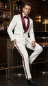 Men’s Ivory and Burgundy Jacquard Tuxedo Suit – Luxury Slim Fit 3-Piece Formal Wedding, Prom, and Gala Outfit in Cream Off White Color