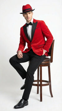 Men’s Red Velvet Fabric Rhinestone Blazer with Matching Red and Black Hat – Christmas New Year Holiday Party Jacket Set
