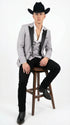 Men’s Light Gray Cowboy Tuxedo with Black Satin Lapel – Western Formal Suit with Double Breasted Vest