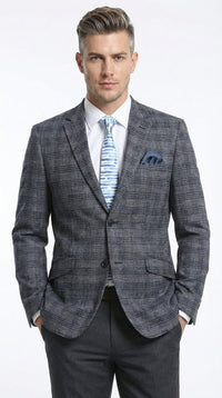 Mens Charcoal Gray with Blue Plaid Pattern Blazer Jacket – Classic Check Pattern Sport Coat for Business, Office, and Smart Casual Wear