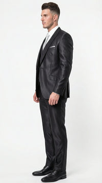 Men’s Black Three Piece Suit – Modern Fit 3PC Formal Suit with Vest for Weddings, Prom and Business Events Sharkskin Shiny Fabric