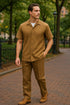 Mens Mocha Brown Short Sleeve Knit Walking Suit – Two-Piece Casual Button Down Set in Taupe Coffee Color