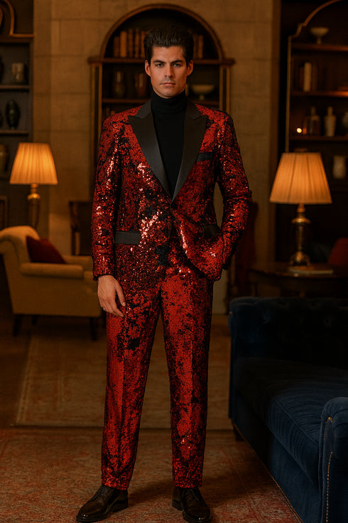 Men’s Red Sequin Tuxedo Suit with Black Lapel – Luxury Slim Fit Blazer and Pants Set Matching